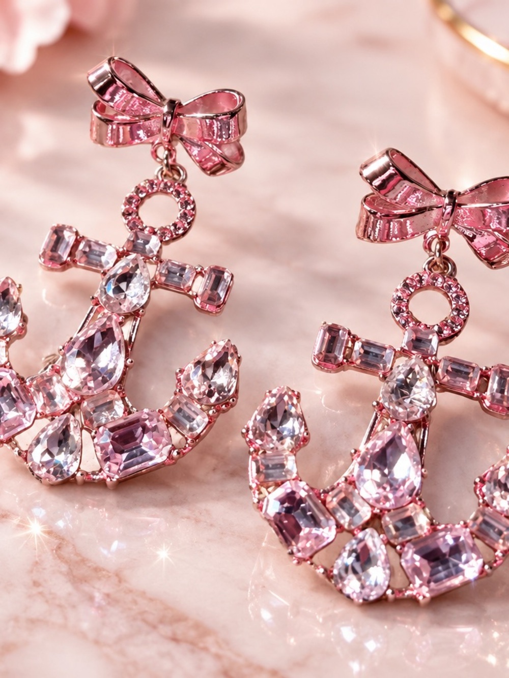 Pink Crystal Bow Anchor Drop Earrings - Women's Accessories